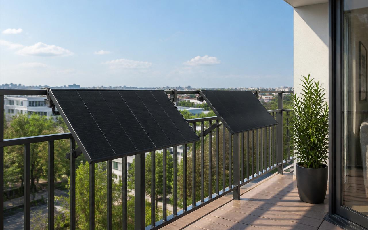 Two black solar panels mounted on a modern apartment balcony railing, tilted toward a bright sky