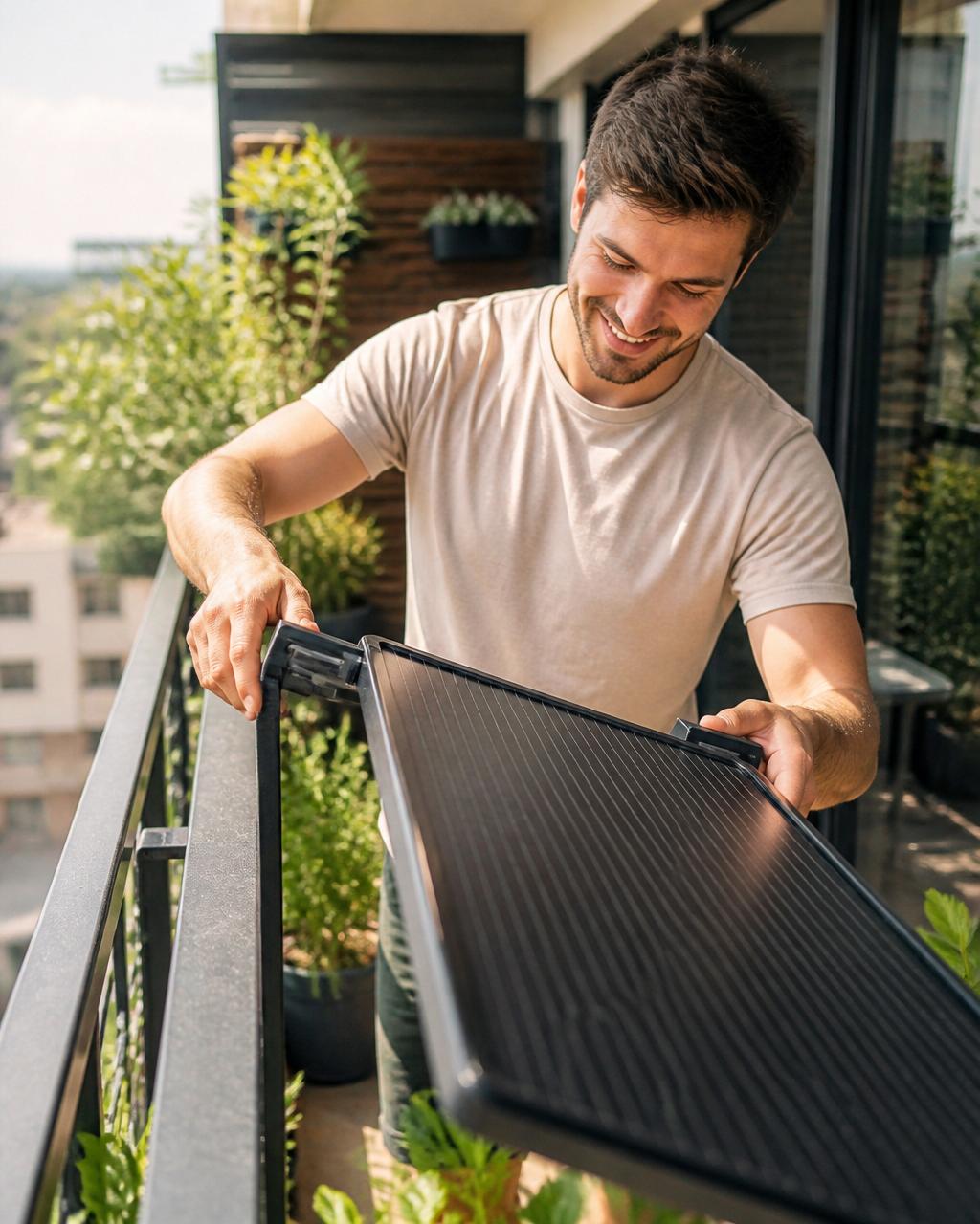 Plug-and-play solar panel on a sunny apartment balcony, cord plugged into a standard US wall outlet